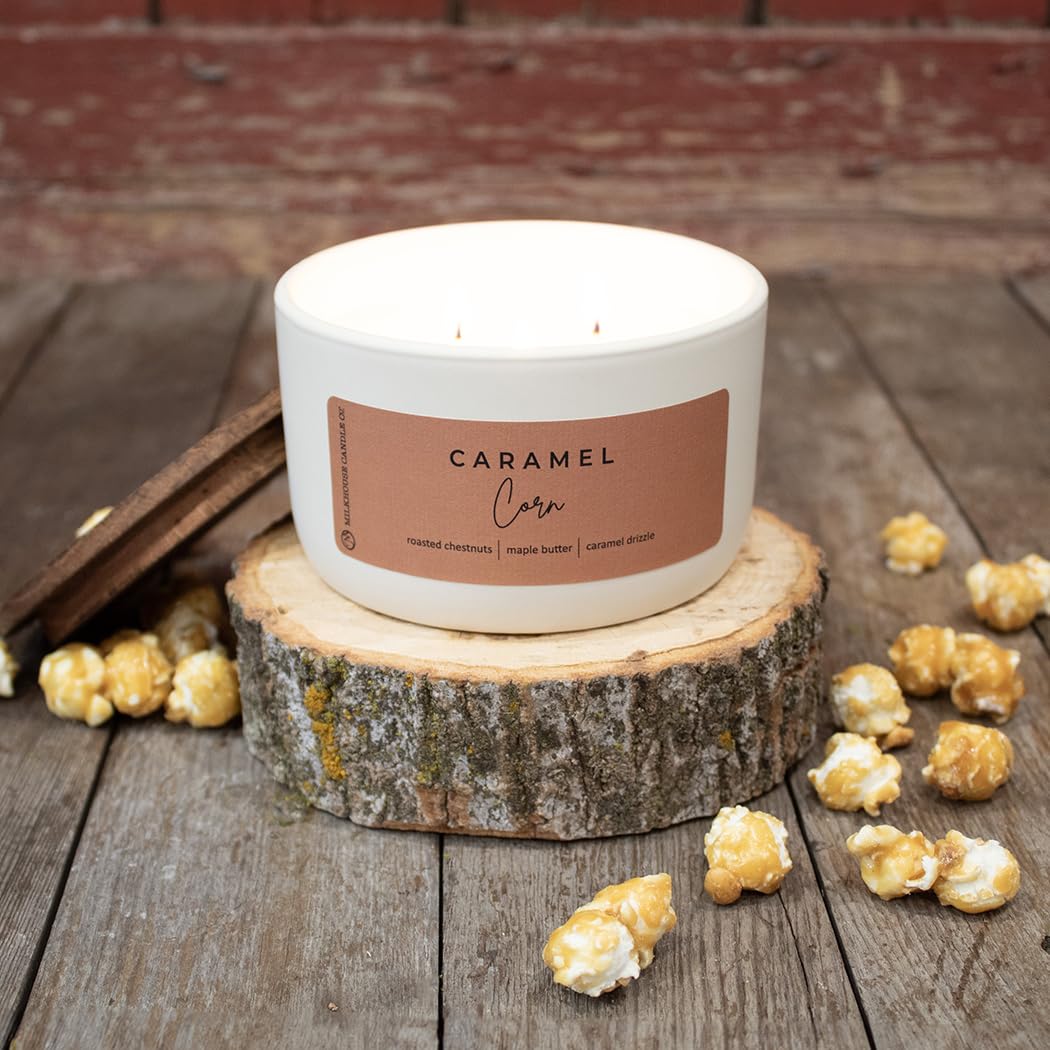 Milkhouse Candle Company Caramel Corn Soy Candle - Roasted Chestnuts | Maple Glaze | Pecan Scented - 10 oz Signature Statement Candle with Lid, 20+ Hour Burn Time, Made in the USA