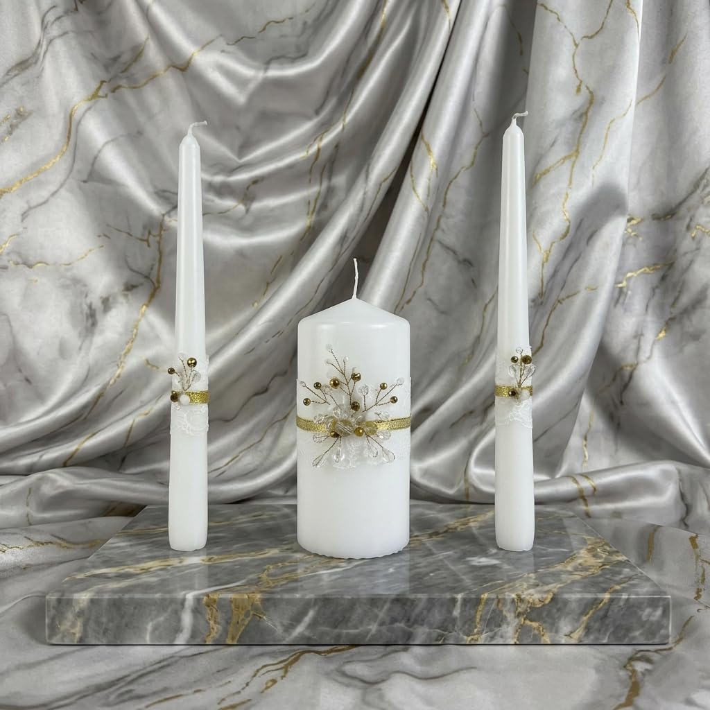 Magik Life Unity Candle Set - Wedding Ceremony & Reception – 6” Pillar & Two 10” Taper Candles – Long Burning Unity Candles for Marriage Ritual – Handmade in USA – Diamond |Gold