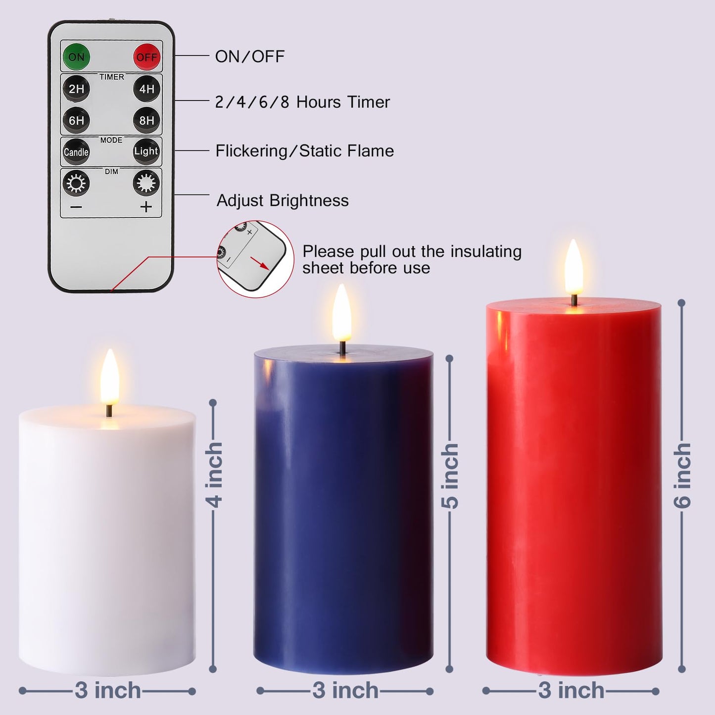 Eywamage Red White Blue Patriotic Flameless Pillar Candles with Remote, Real Wax 4th of July LED Candles Set of 3