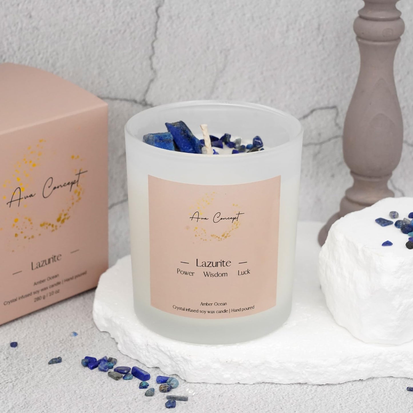 Ava Concept Lazurite Crystal Candle – 10oz / 280g | Amber Ocean Aromatherapy | Hand-Poured Soy Wax | Genuine Lapis Lazuli Healing Crystals Embedded | Power, Wisdom & Luck | Gift Box Included