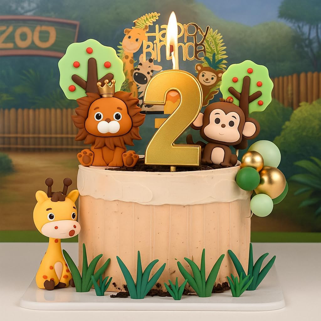 2st Birthday Safari Cake Toppers Set - 3D Lion, Monkey, Giraffe with Number 2 Candle, 8 Grass, Trees & Balls - 21PCS Jungle Animal Cake Decorations Kit for Boys Girls 2 Year Old Party (2st)