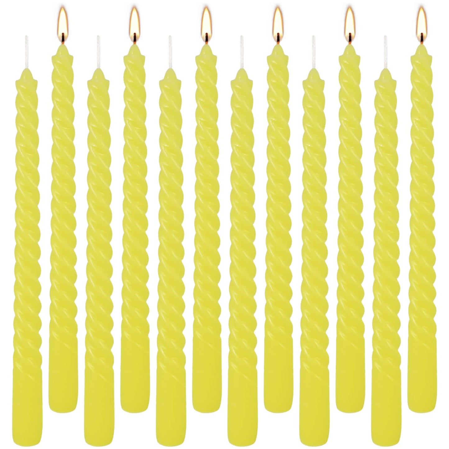 12-Piece Yellow Spiral Wax 10-inch Taper Candles -unscented smokeless, Tear-Free, Long-Lasting Burning Cotton Wick Suitable for Home,Party,Holiday Decorations