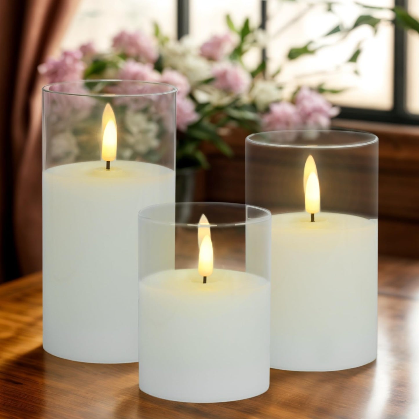 Homwamee Flameless Candle in Glass, Flashing LED Pillar Real Wax Fake Candle with Remote Control and Timer, Battery Operated Electronic Candles for Wedding Home Decorations - 3Pack