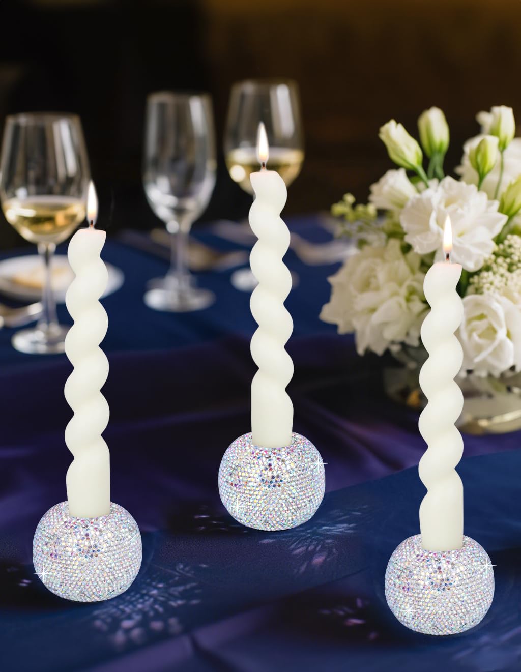 Vixdonos Round Resin Rhinestones Candlestick Holders Set of 3 Ceramic Candle Holder Bulk for Taper Candles,Silver