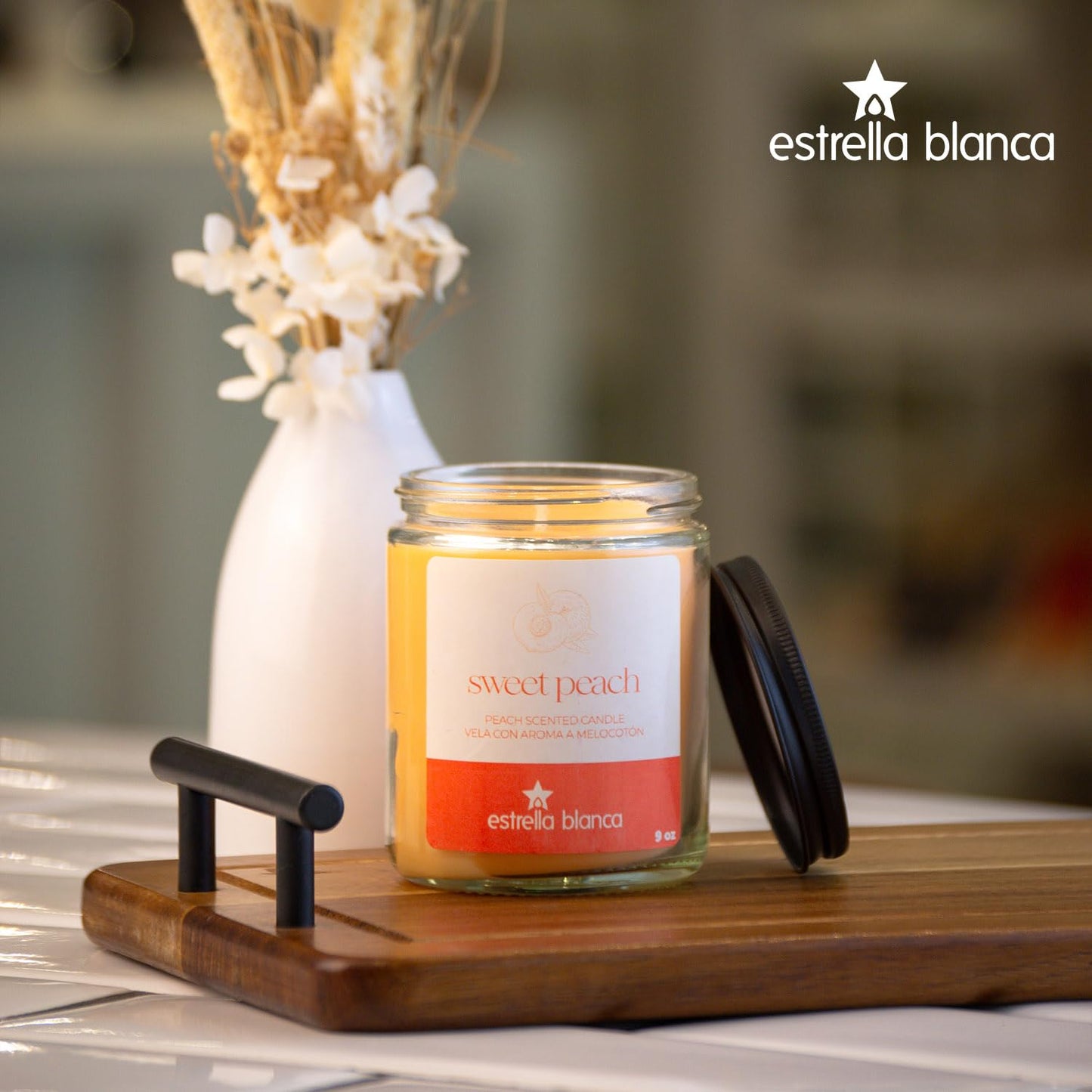 Estrella Blanca Peach Scented Candle, 9oz Clear Glass Jar, Fruity Home Fragrance, Scented Candles for Home, Soy Candles for Home Scent, Candle Gift for Women Men, Home Fragrance Decoration