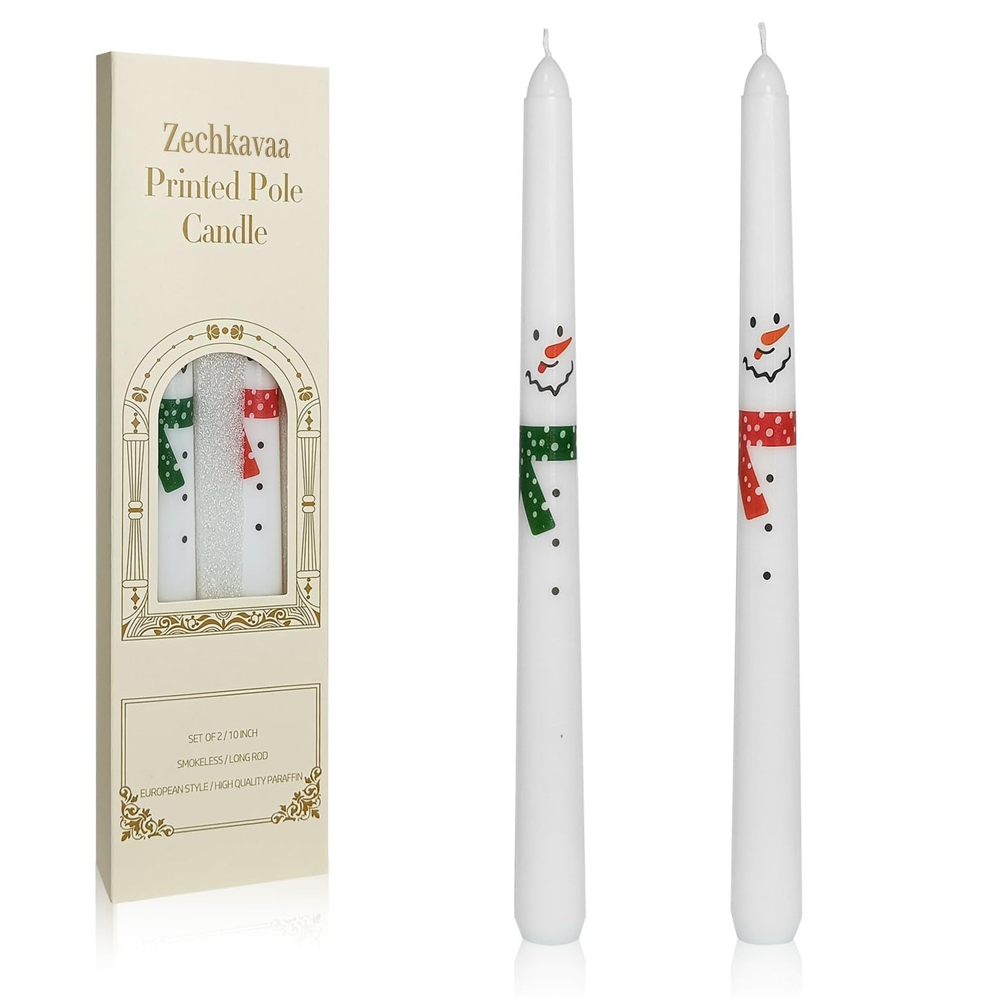Floral Taper Candles 10 Inch Tall Unscented Handmade Snowman Print Long Burning Elegant Candlesticks for Christmas Decor Gifts
