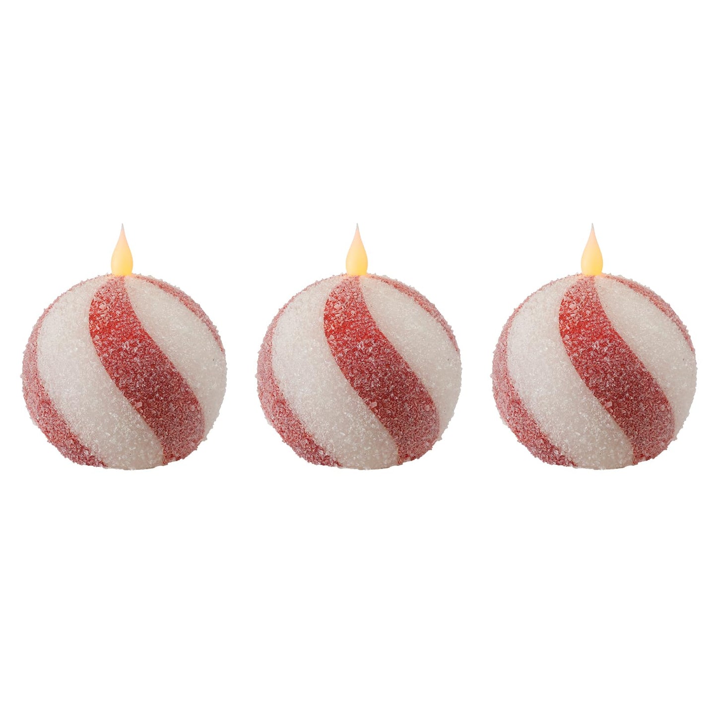 Set of 3 Christmas Sphere Candy Cane Flameless Candles, Glitter Red White Real Wax Flickering Ball Candles Battery Operated with Remote, Candy Cane Christmas Decorations, Xmas Party Centerpieces Decor
