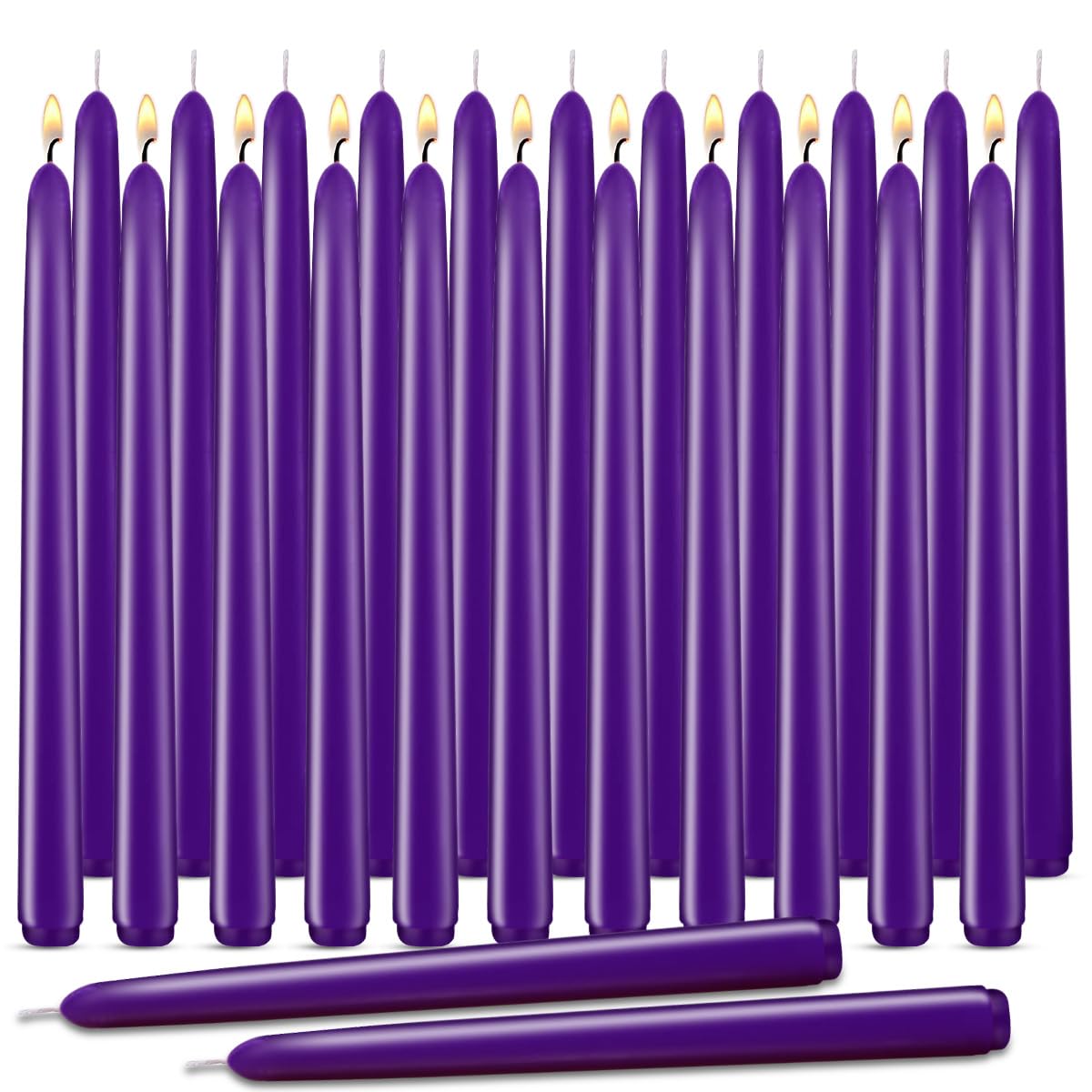 Purple Taper Candles, Set of 24 Unscented and Smokeless 10 Inch Taper Candles Long Burning, Paraffin Wax with Cotton Wicks for Burning Approxinately 7-8 Hours Time