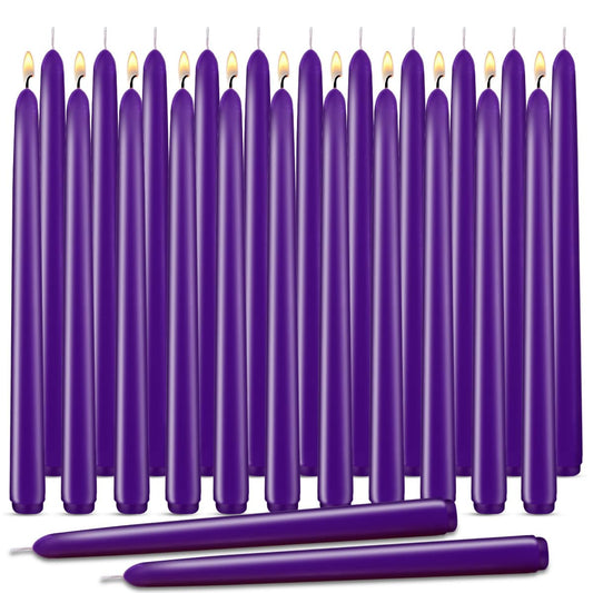Purple Taper Candles, Set of 24 Unscented and Smokeless 10 Inch Taper Candles Long Burning, Paraffin Wax with Cotton Wicks for Burning Approxinately 7-8 Hours Time