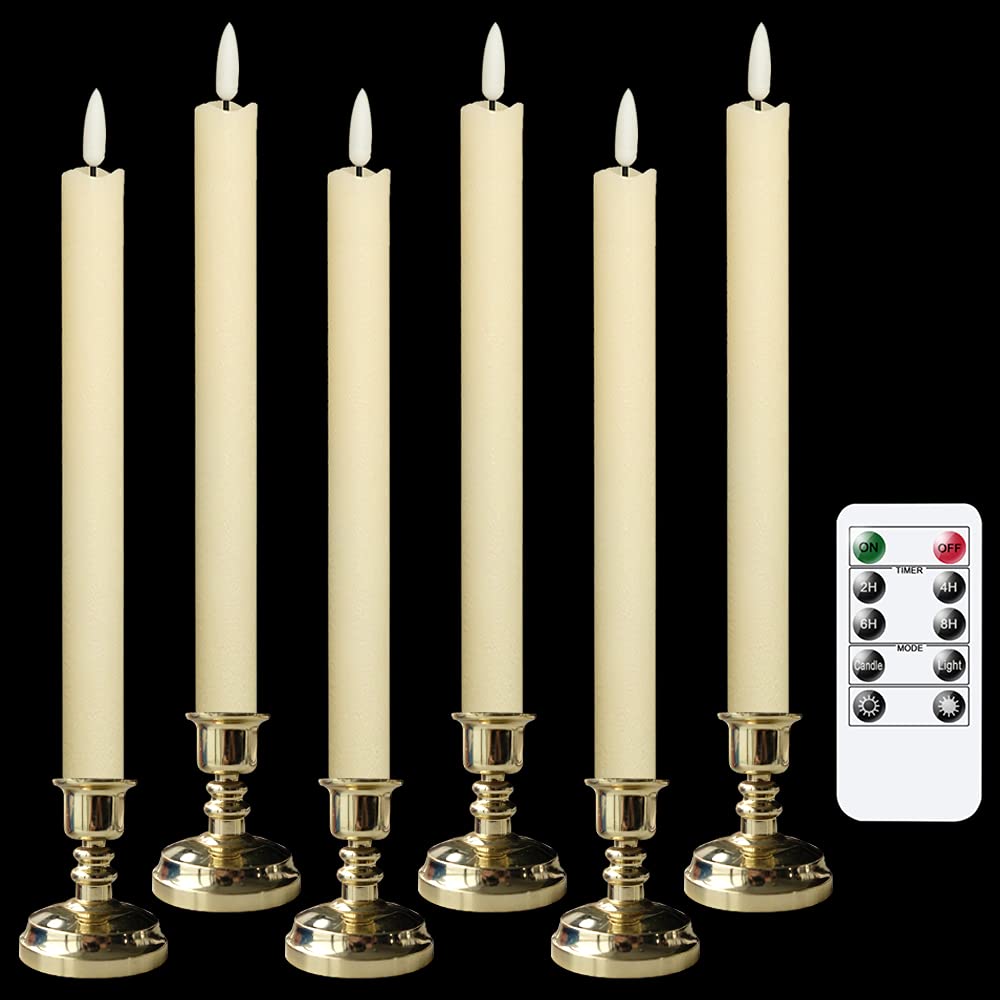 Wondise Flickering Taper Candles with Timer and Remote, 9 Inch Battery Operated 3D Wick Real Wax Ivory Candles for Wedding Party Christmas Decoration, Set of 6(D0.8 x H9.6 Inch)