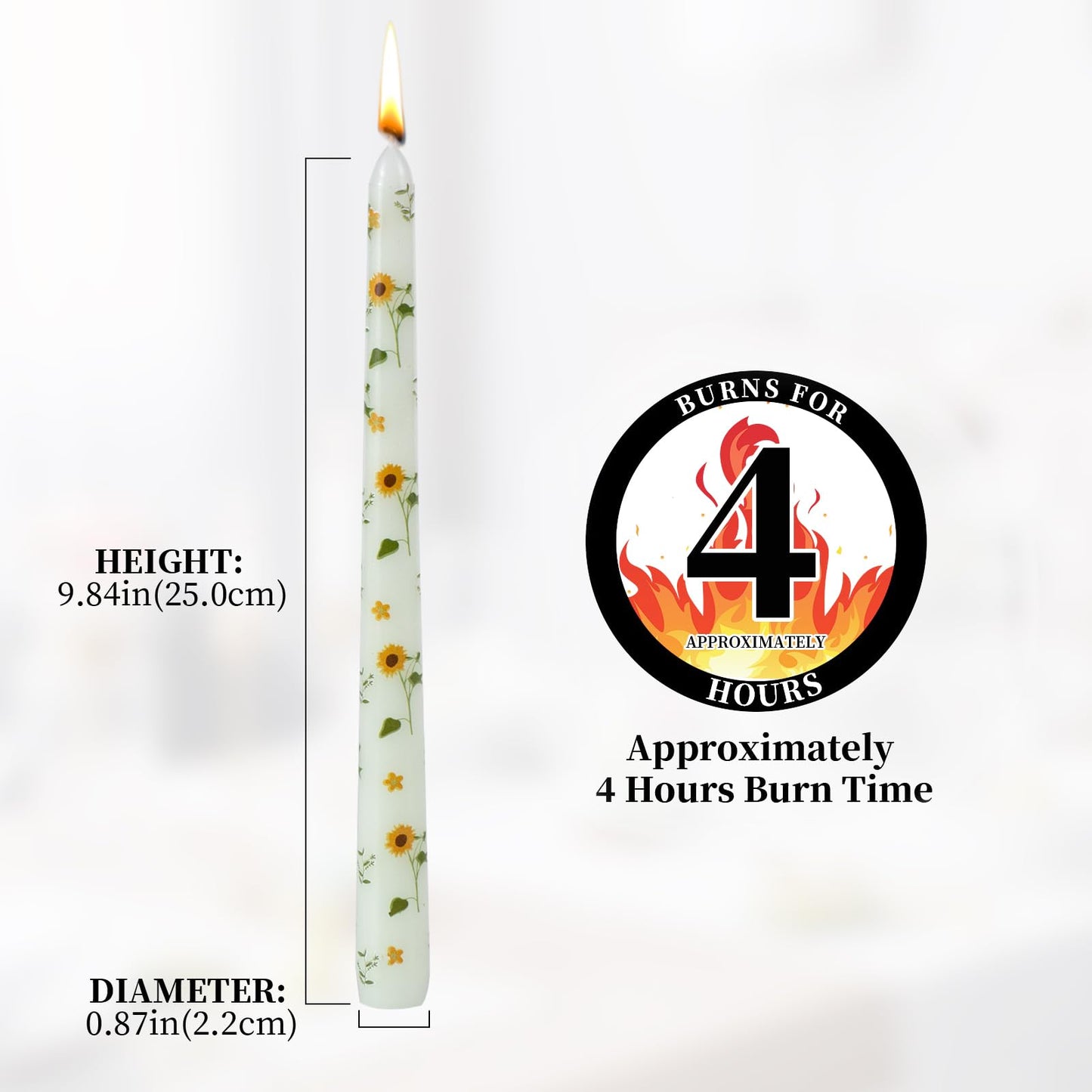 Taper Candles,10 inch 2pc Green Tapered Candles with Sunflower Printed, Unscented and Smokeless Long Burning Candles,Tall Candlesticks with Cotton Wicks,Ideal for Weddings, Home Décor