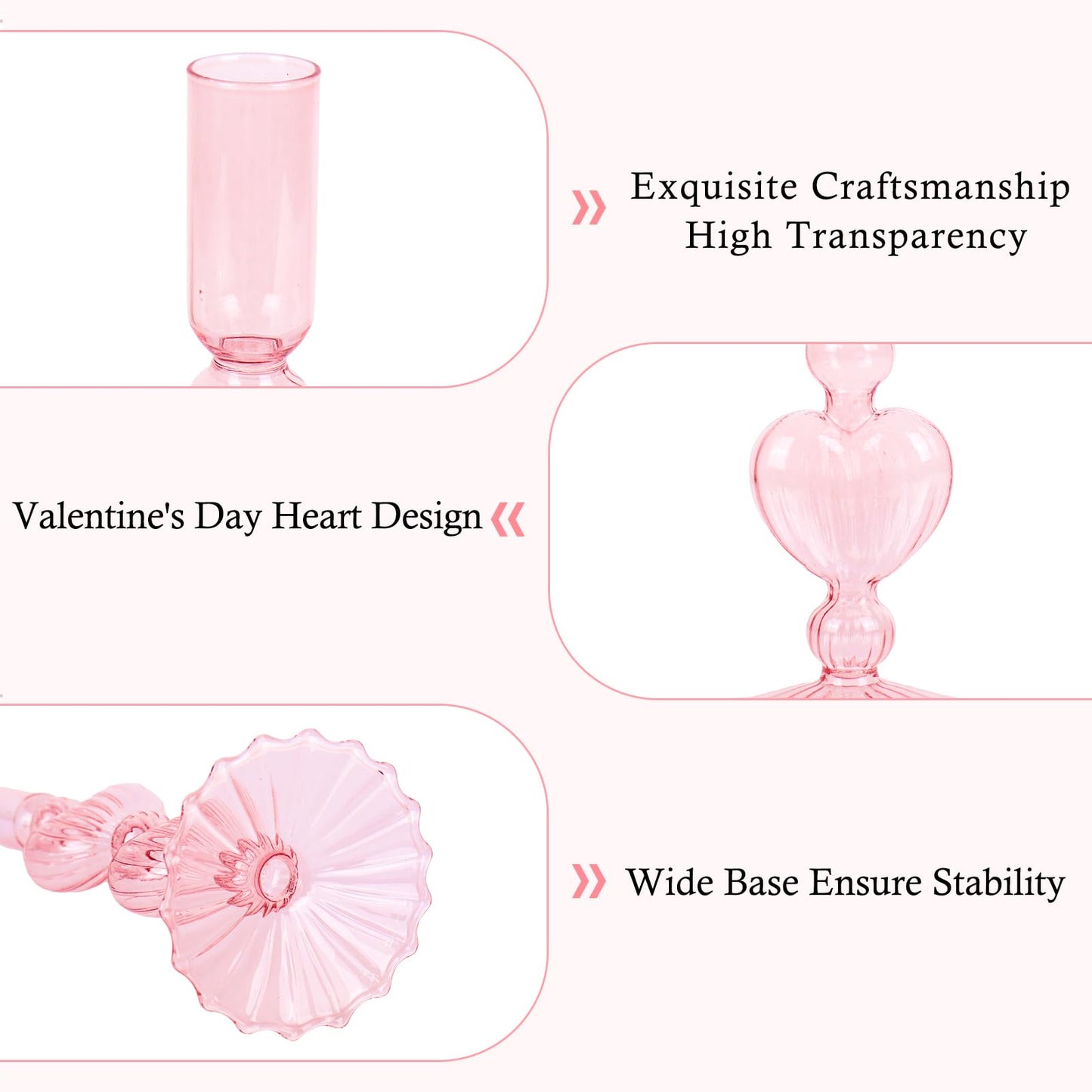 JarThenaAMCS 3Pcs Valentine's Day Taper Candle Holder Glass Candlestick Holder Clear Red Pink Heart Candle Stick Vase for Wedding Anniversary Party Table Centerpiece Decor