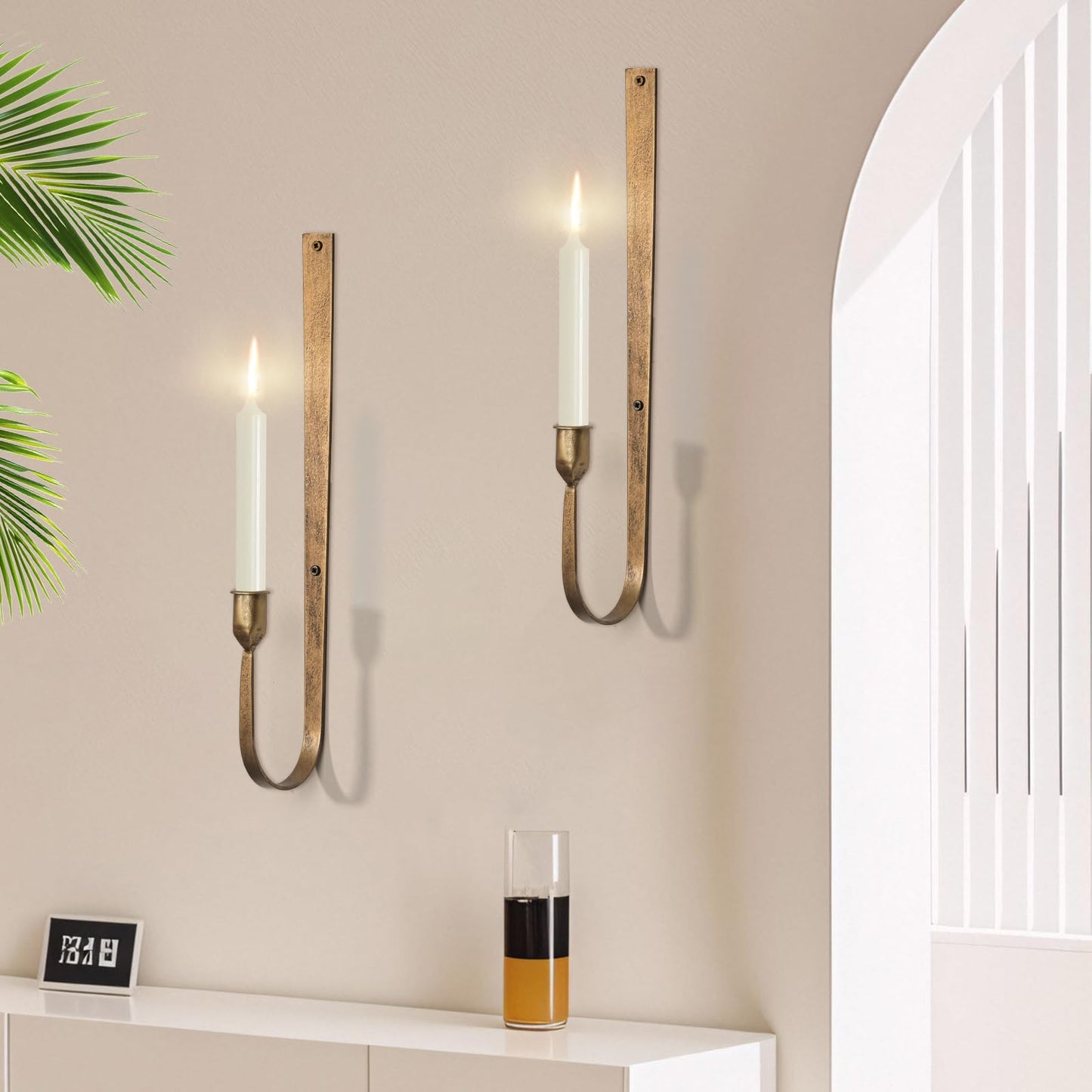 Wall Candle Holder Set of 2 - Golden Metal Wall Sconces, Rust-Resistant Wall Mount Candle Holders for Living Room, Fireplace, Wedding Decor, Modern Farmhouse Wall Decor with Installation Hardware