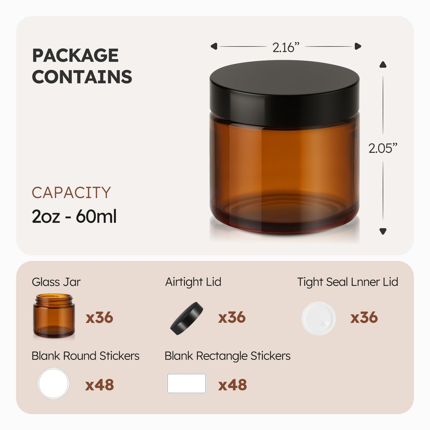 2 oz Glass Jars with Lids, 36 Pack Amber Small Glass Jars with Black Lids Leakproof Round Airtight Empty Cosmetic Travel Containers with Inner Liners For Lotions Powders and Candle Making