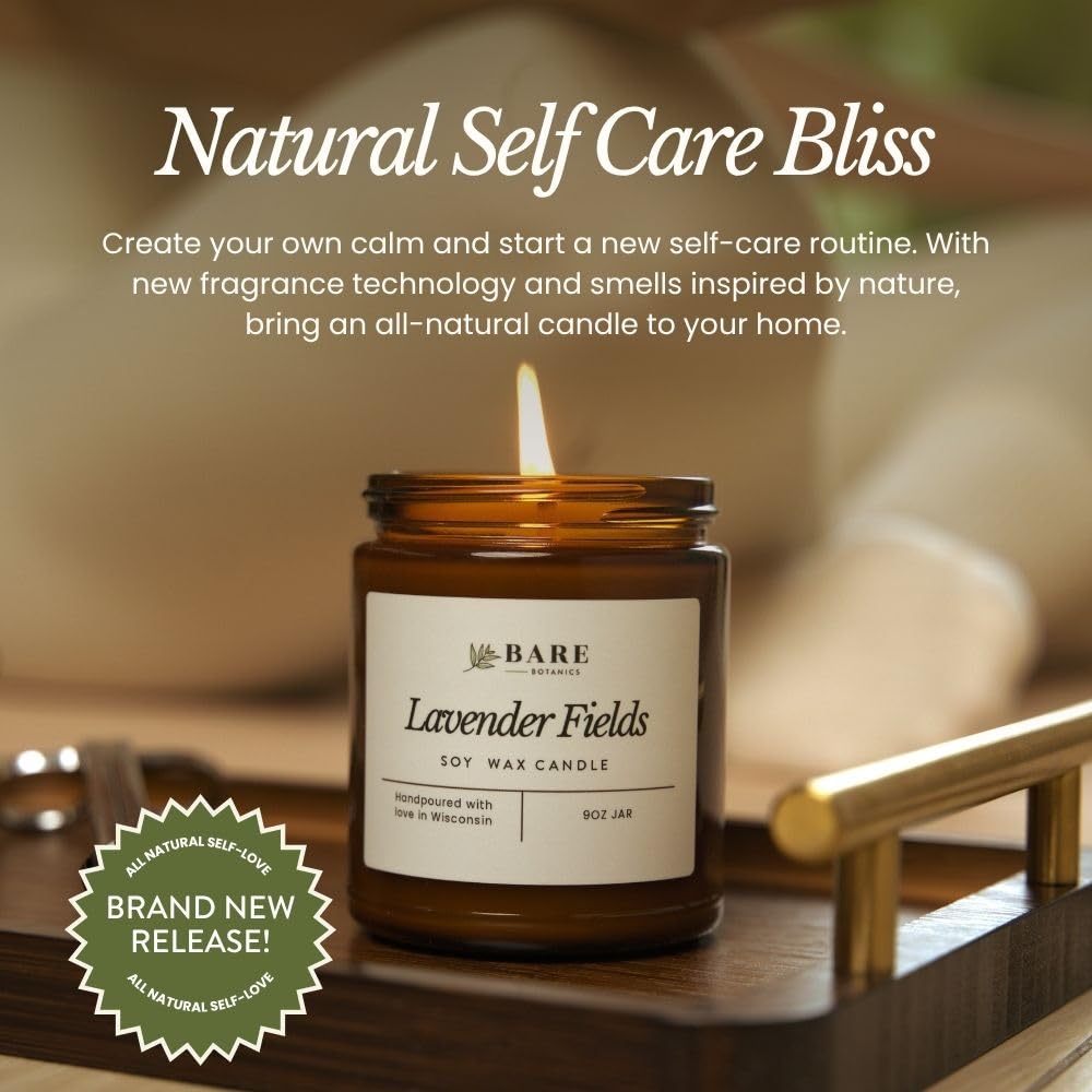 Bare Botanics Non-Toxic Unscented 9oz Soy Candle - 100% Plant-Based Fragrance Oils - Handpoured in WI - 40+ Hrs
