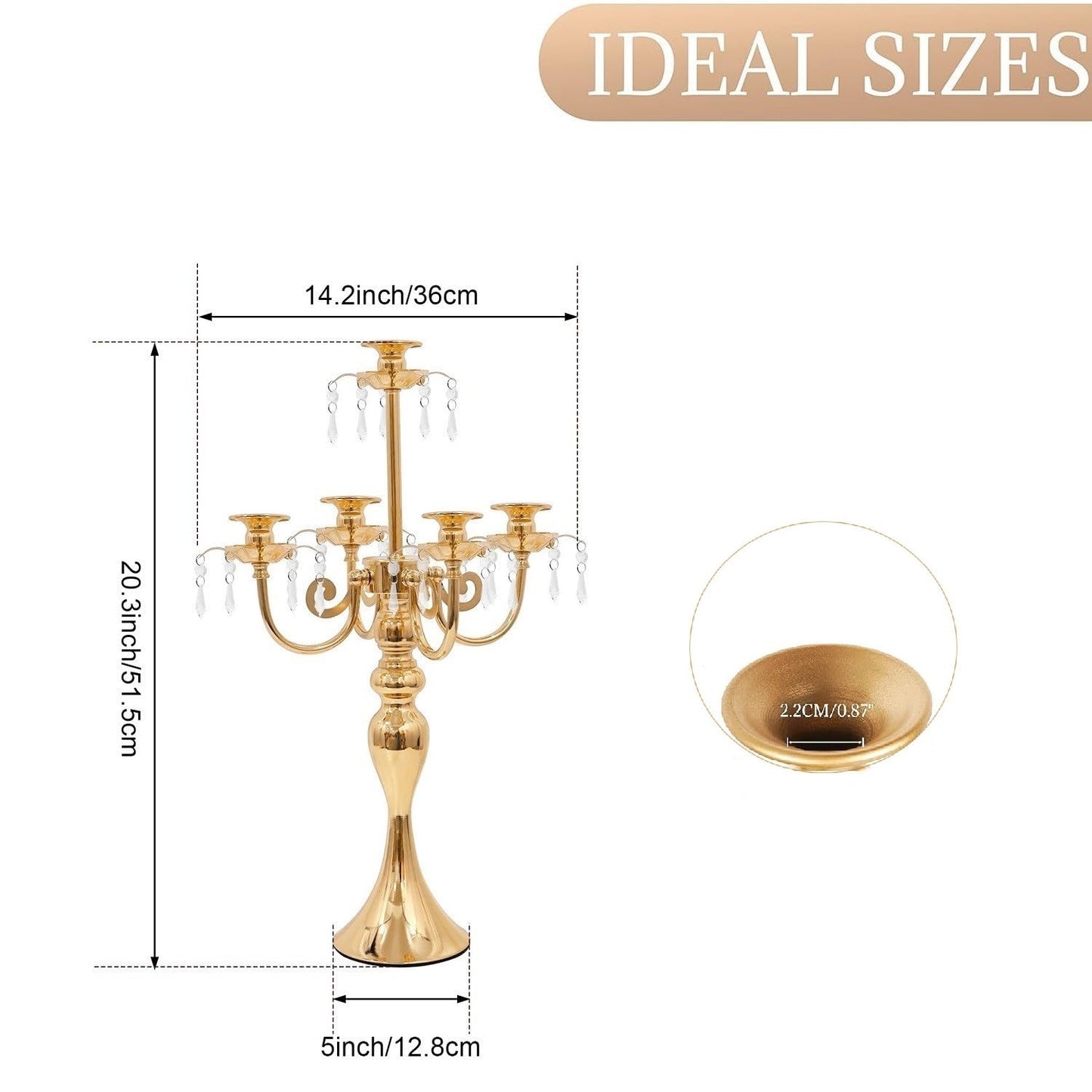 Candelabras Centerpieces for Tables, 20" Tall Candlestick Holder for Taper Candles, 5 Arm Crystal Candelabra Candle Holder for Wedding Centerpiece Decor Party Event Reception Decoration (Gold)
