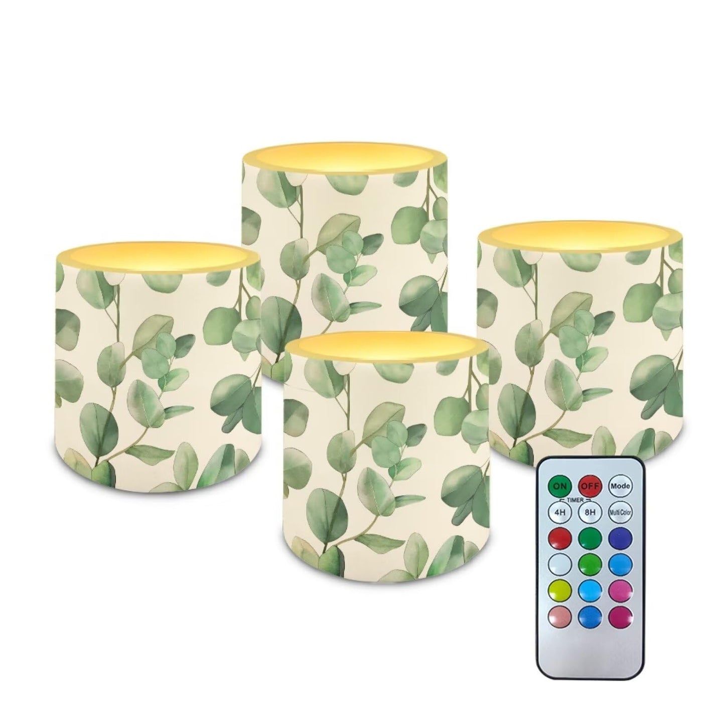 Cozeyat Green Plants Realistic Flickering Flameless Candles Set of 4 Battery Powered with Remote Control Timer LED Pillar Candles for Indoor Outdoor Use