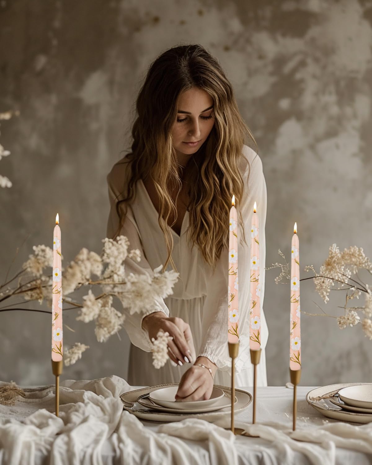 Long Candle Sticks Floral Taper Candle Dripless Candlesticks 10inches Flower Unscented Tapered Candles for Home Party Wedding Restaurant Holiday Decor-4pcs