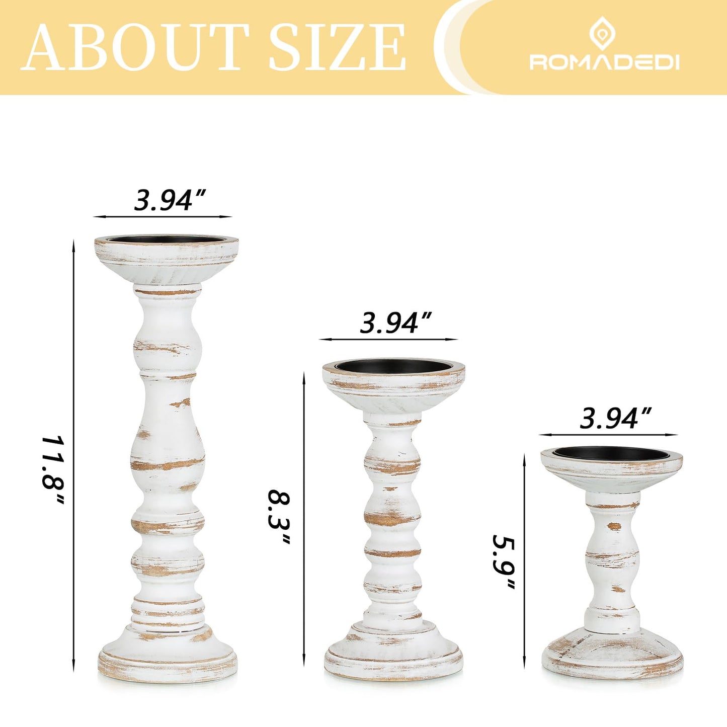 Romadedi Wood Candle Holders for Pillar Candles - Set of 3 Tall Farmhouse Wooden Candlestick Holder, Rustic Candle Stand for Fireplace Mantle Shelf Table Home Decor, Brown Whitewashed 6"/ 8.3"/11.8"