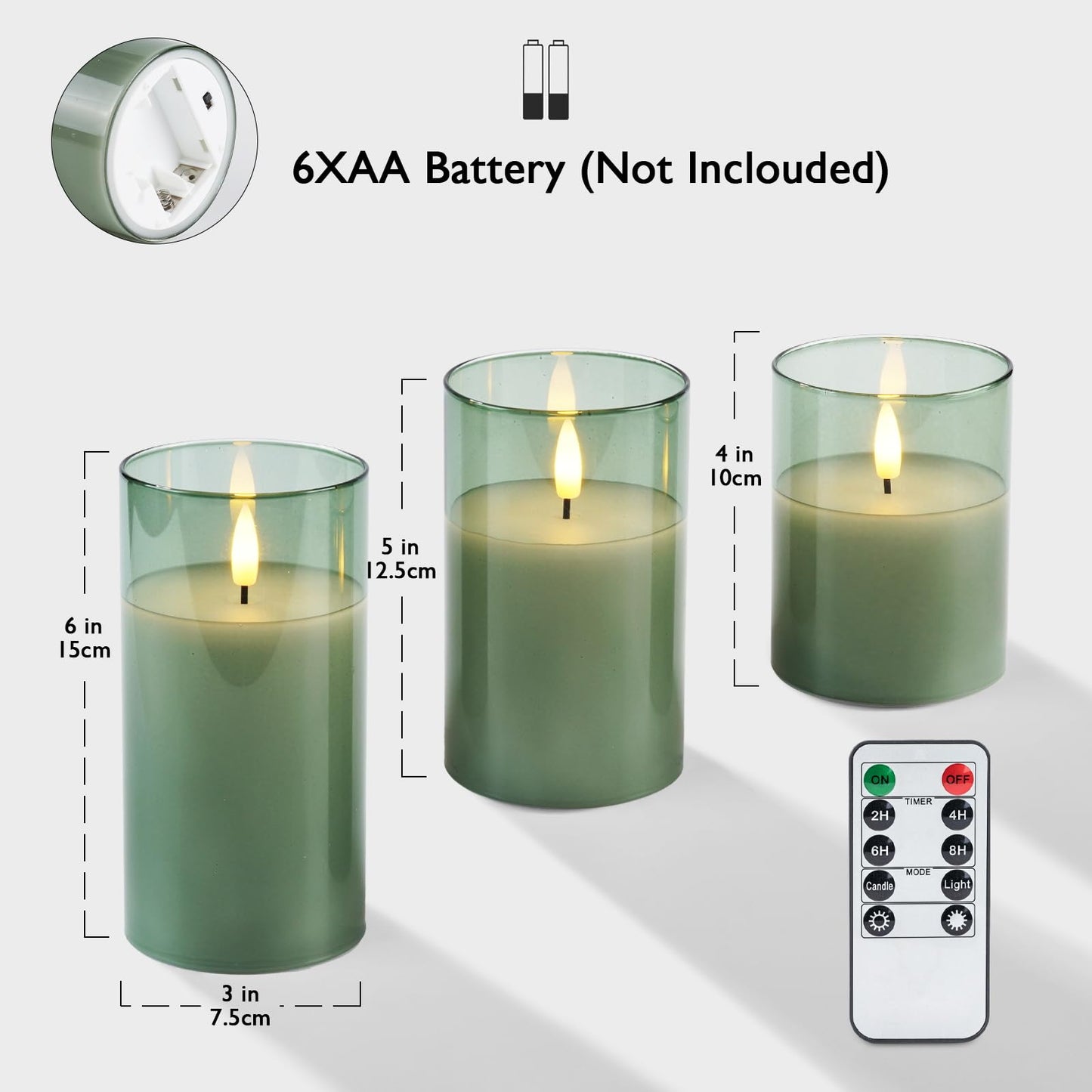Amagic Green Glass Flameless Candles with Remote and Timer for St. Patrick's Day, Real Wax Battery Operated Candles, Flickering Electric LED Pillar Candles, Home Party Decor, Set of 3