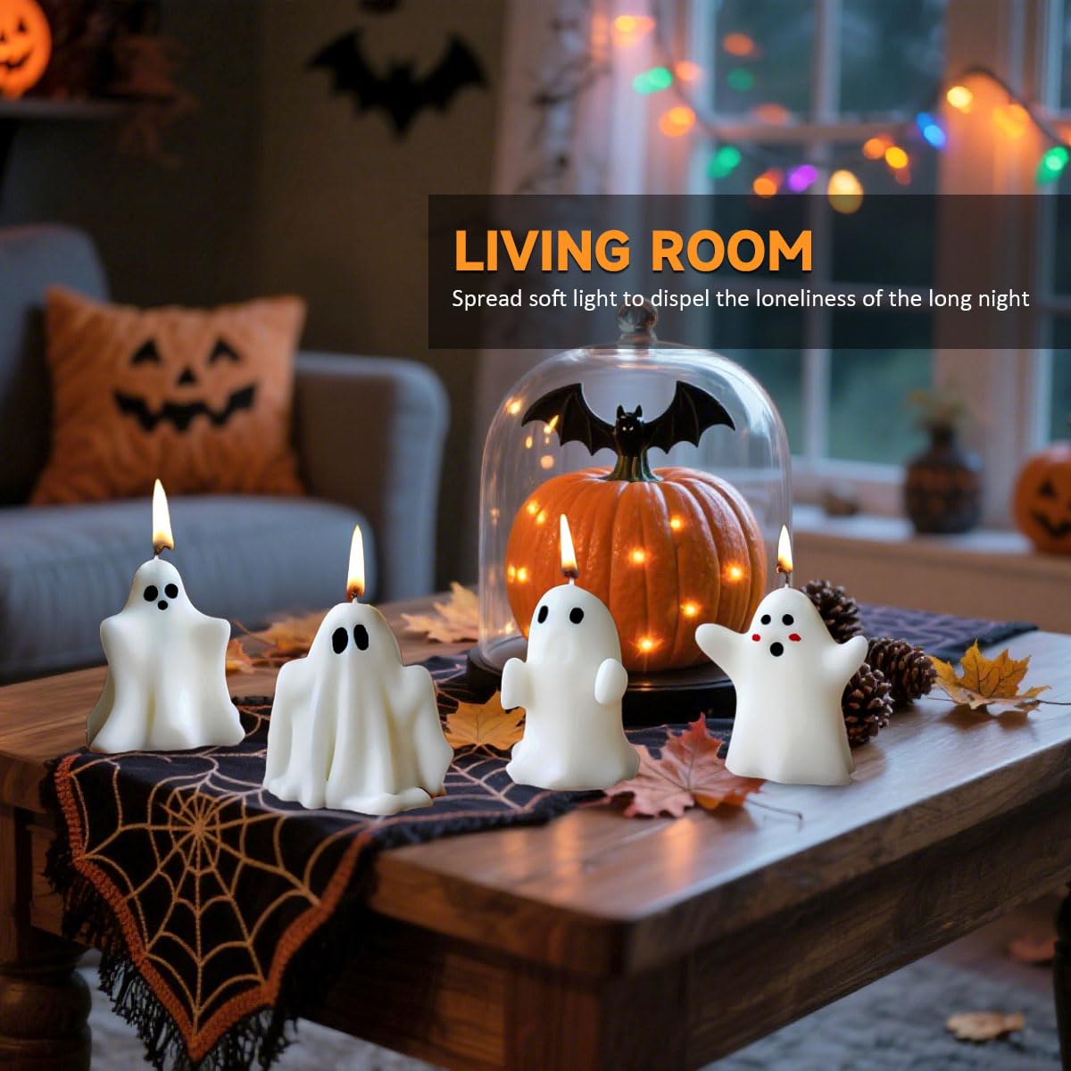 FANNEV 4Pcs Halloween Ghost Candles, Cute Ghost Scented Candle Decorations, Table Tea Light Candle Decoration for Bedroom, Bathroom and Living Room