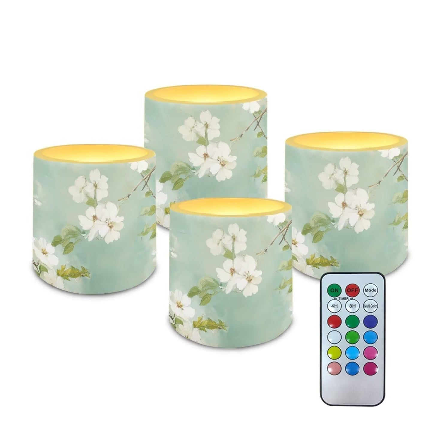Cozeyat Mint Floral Flameless LED Candles 4 Pack Battery Operated with Remote Control Timer Pillar Candles Waterproof for Home Garden Use