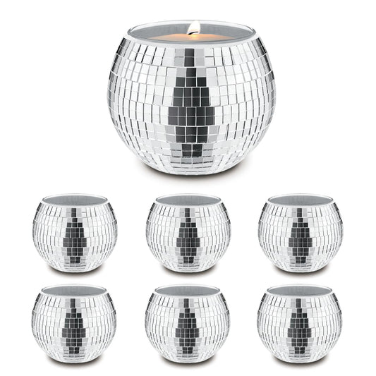 Quaocens 6 PCS Disco Ball Silver Votive Candle Holders,Glass Mirror Candle Holder Disco Ball Candle Holder Discos Balls Candle Vase Can Be Used for Wedding,Dining Table,Party Discos Decoration