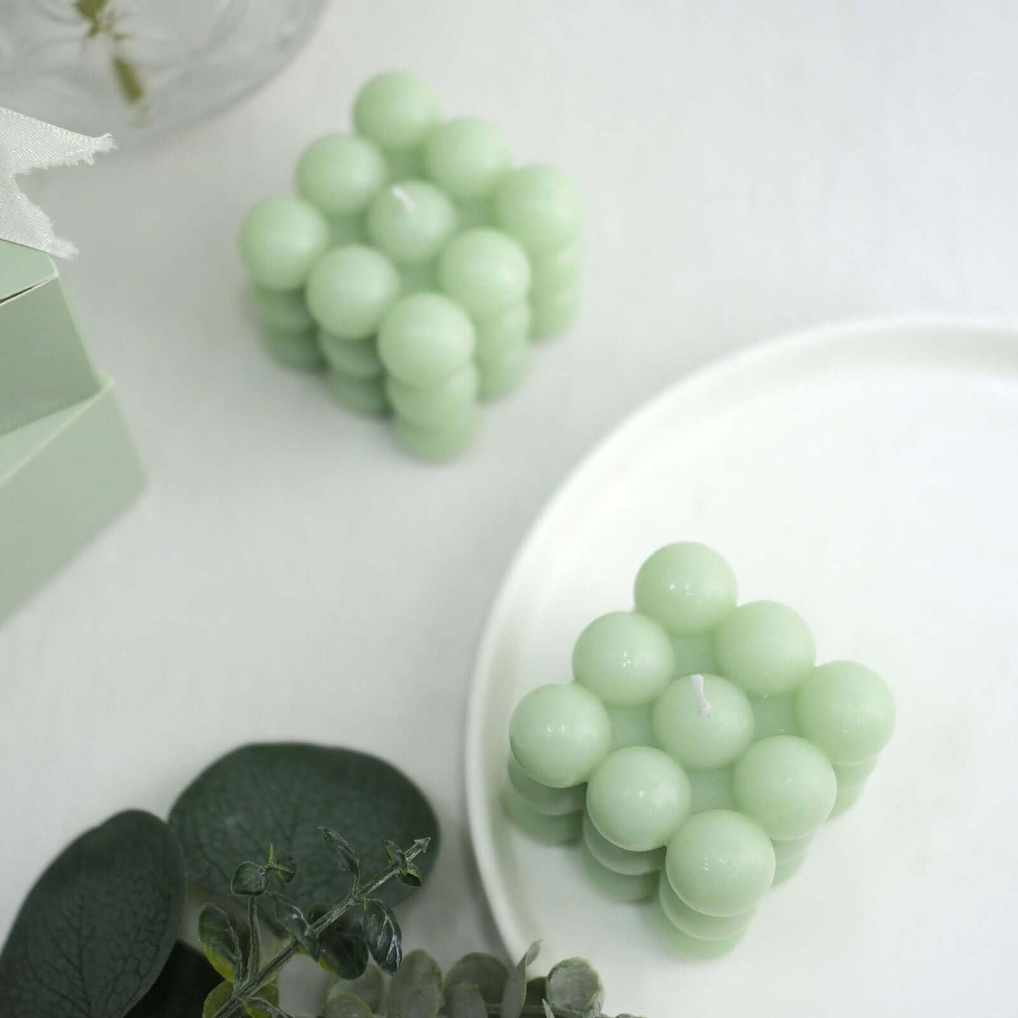 Efavormart 2 Pack Sage Green 2" Bubble Cube Paraffin Wax Candles, Unscented Rubik's Cube Aesthetic Decorative Pillar Candles