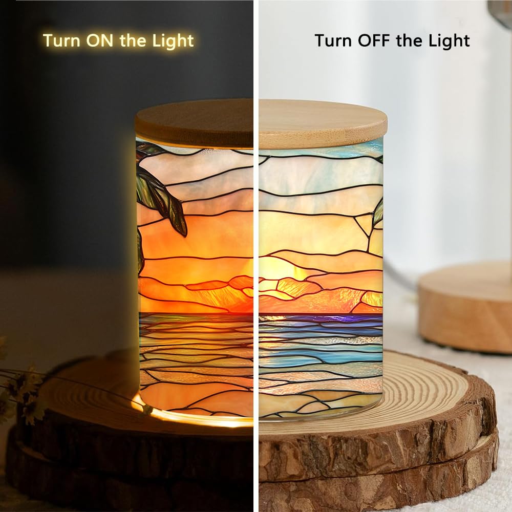 Stained Glass Seascape Tea Light Candle Jar for Home Decoration, Flowers Tealight Candle Holders with Bamboo Lid, Palm Trees Candle Candlestick for Thanksgiving Christmas Birthday