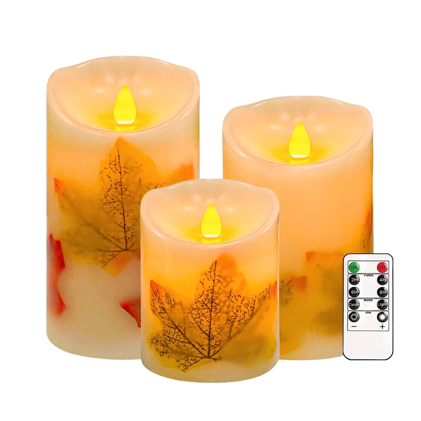 Flameless Candles Lights,Set of 3 Maple Leaf Flickering LED Candles with Remote & Timer, Dimmable LED Pillar Candles Battery Operated, Electric Candles for Thanksgiving Halloween Fall Harvest Decor