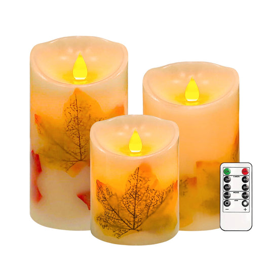 Flameless Candles Lights,Set of 3 Maple Leaf Flickering LED Candles with Remote & Timer, Dimmable LED Pillar Candles Battery Operated, Electric Candles for Thanksgiving Halloween Fall Harvest Decor