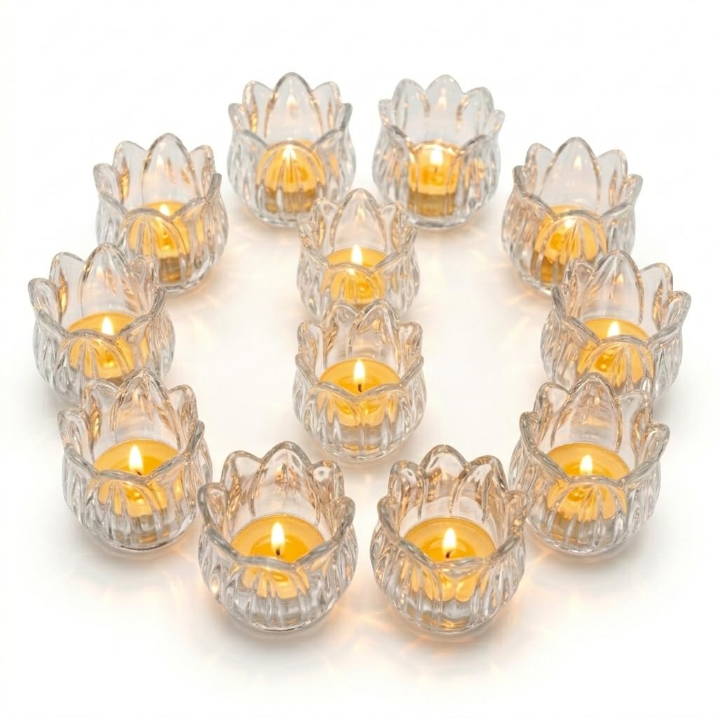VIVAHEARTH Tulip Votive Candle Holders Set of 12, Tea Light Candle Holder Glass for Table Centerpiece, Tealight Candle Holders for Wedding Déco, Birthday, Anniversary, Parties, and Holiday (Clear)