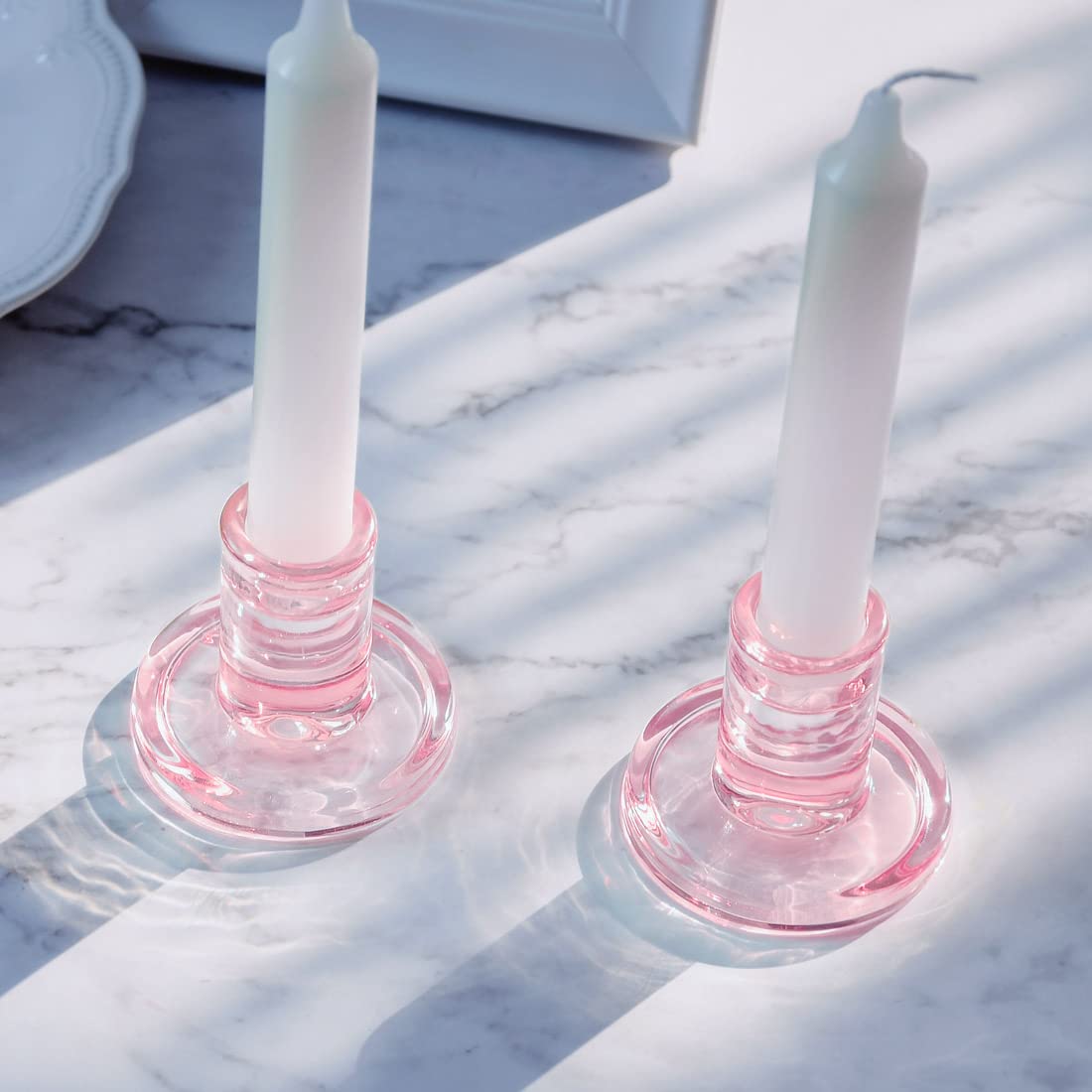 12PCS Pale Pink Taper Candle Holders, Glass Crystal Candlestick Holders Bulk, Clear Candle Holders for Dining Table Centerpiece，More Suitable for Weddings