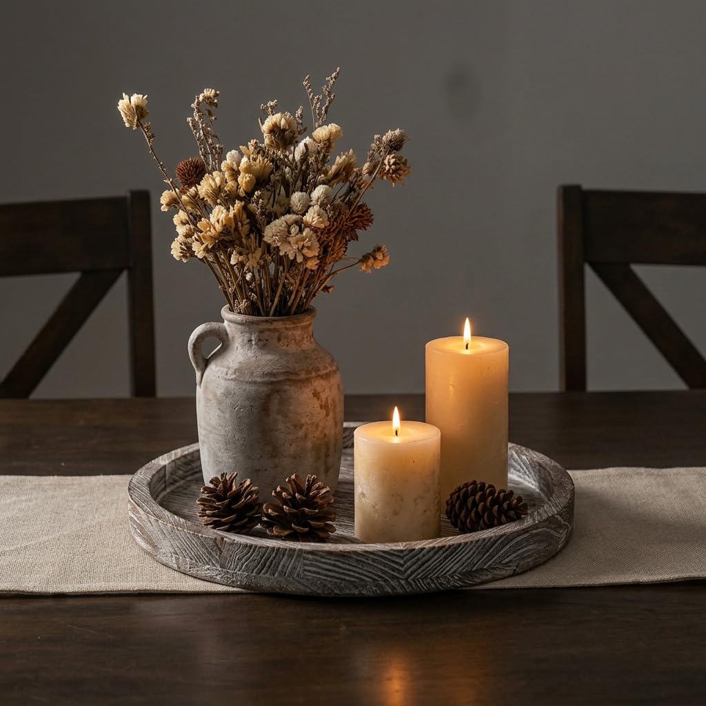 Hanobe Wood Candle Holders Trays: Round Candlestick Holder Pillar Stand for Table Centerpiece - Farmhouse Coffee Table Decor for Living Room Kitchen Counter, Rustic White