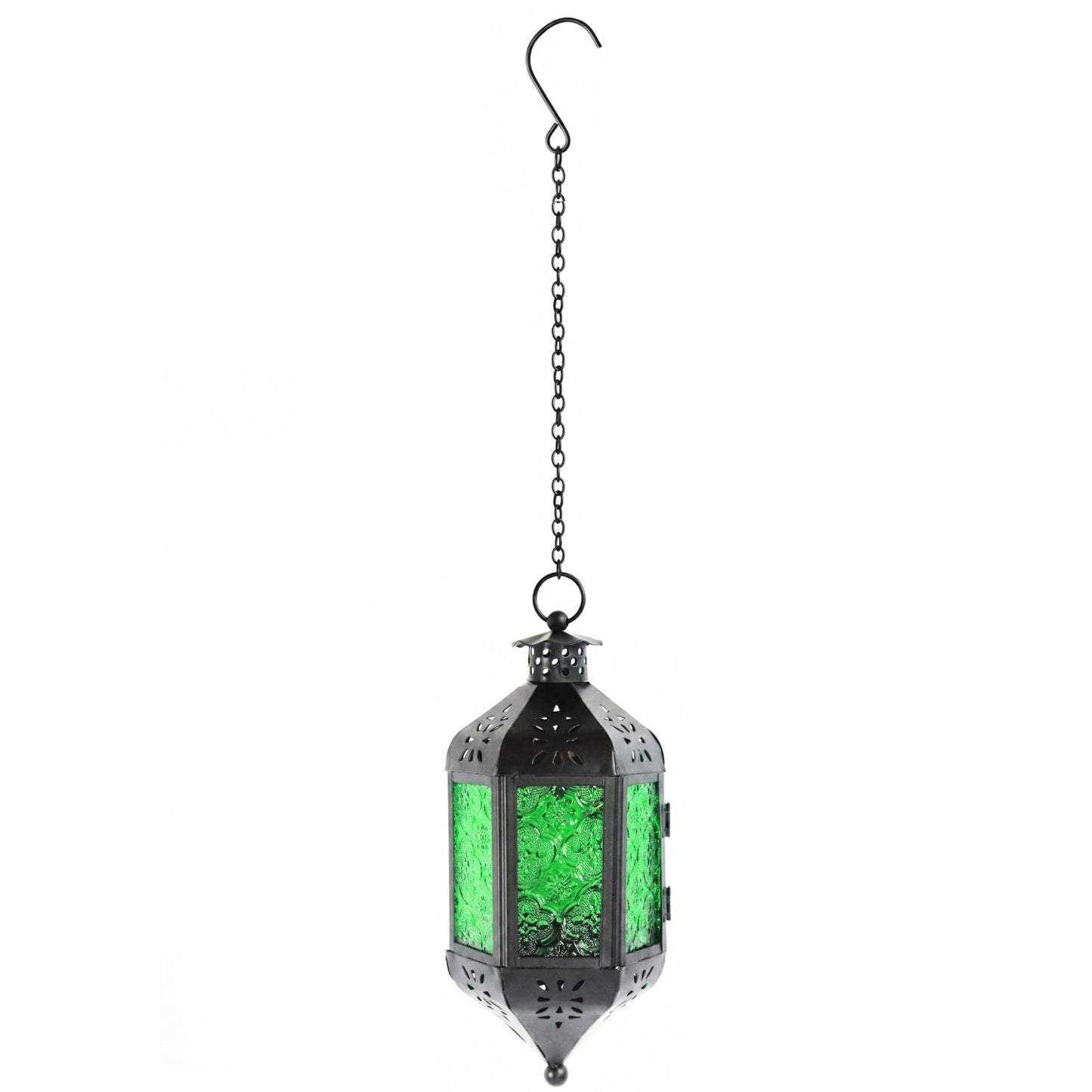 Vela Lanterns Hanging Moroccan Lamp - Exotic Decorative Patio & Porch Decor, Indoor Outdoor Tea Light Candle Lantern Holder with Chain (11" Medium, Green Glass)