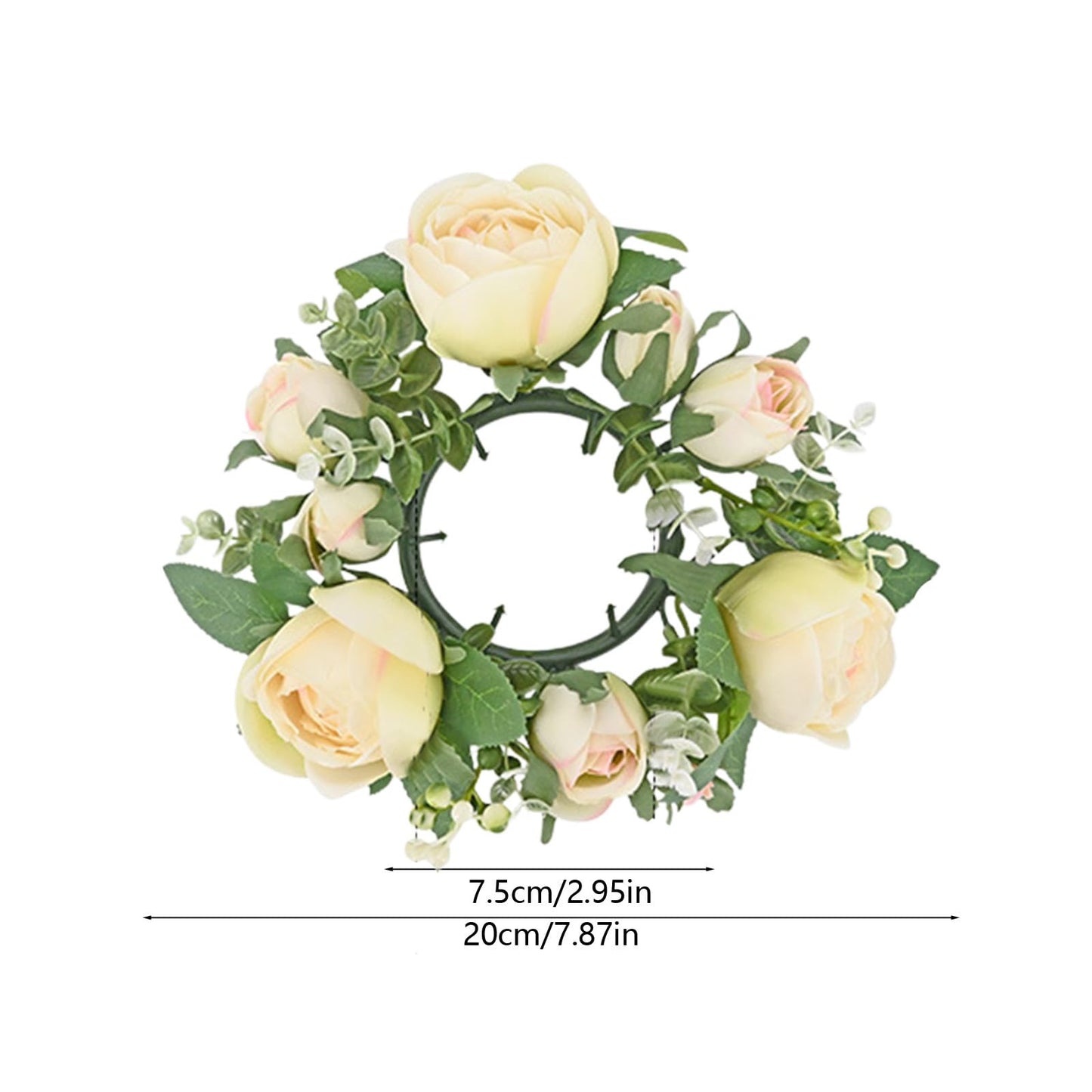 Artificial Rose Candle Rings Wreath Mini Floral Wreaths Pillar Candle Holder with Blooming Flowers and Green Leaves for Wedding Party Home Table Centerpieces Decor (Beige)