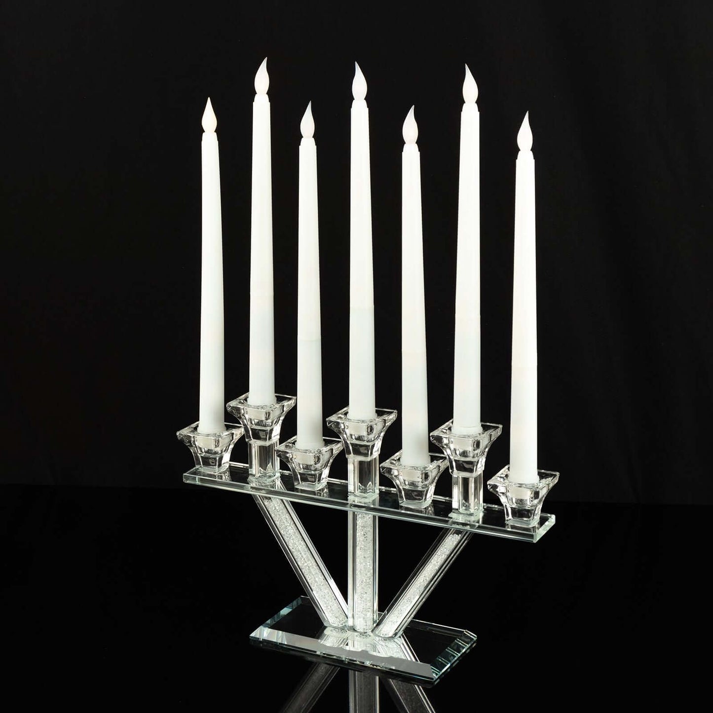 Efavormart 12" Crystal Glass Candelabra with Crystal Filler, 7-Branch Taper Candle Stick Holder Stand with Mirror Rectangular Base