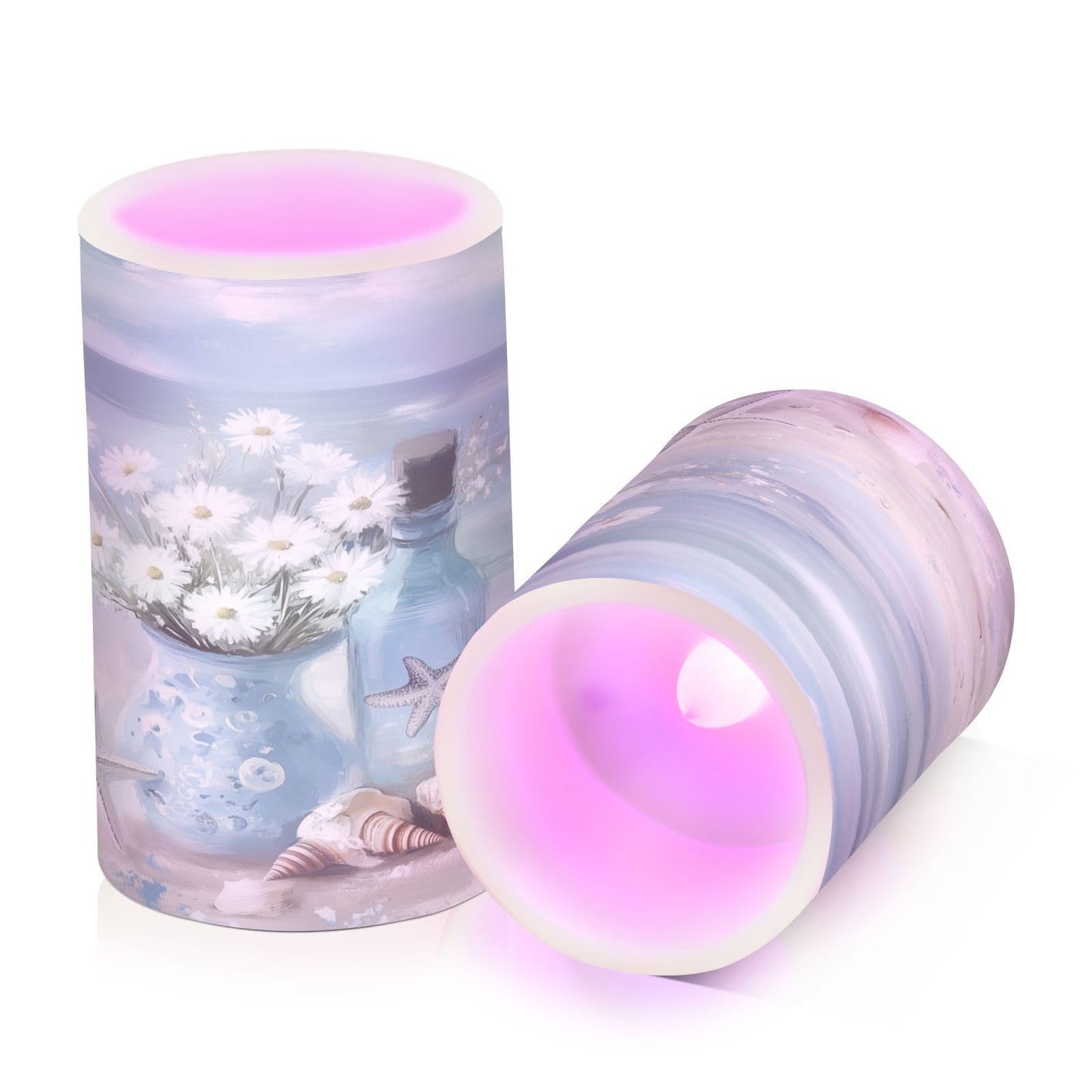 WEVIBOFU Ocean Beach Seascape Vase Starfish Shell Flickering Flameless Candles LED Battery Operated with Remote Timer Pillar Candles for Home Birthday Wedding Christmas Decor, Set of 2