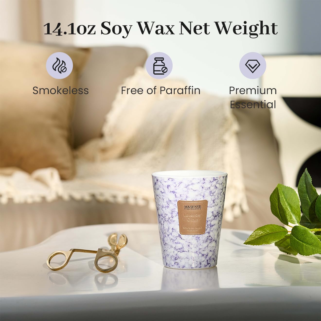 M&SENSE Lavender Citrus Scented Soy Candle, 3 Wick Highly Scented 14.1 Oz 75H, Aromatherapy Candle Gift for Women and Men