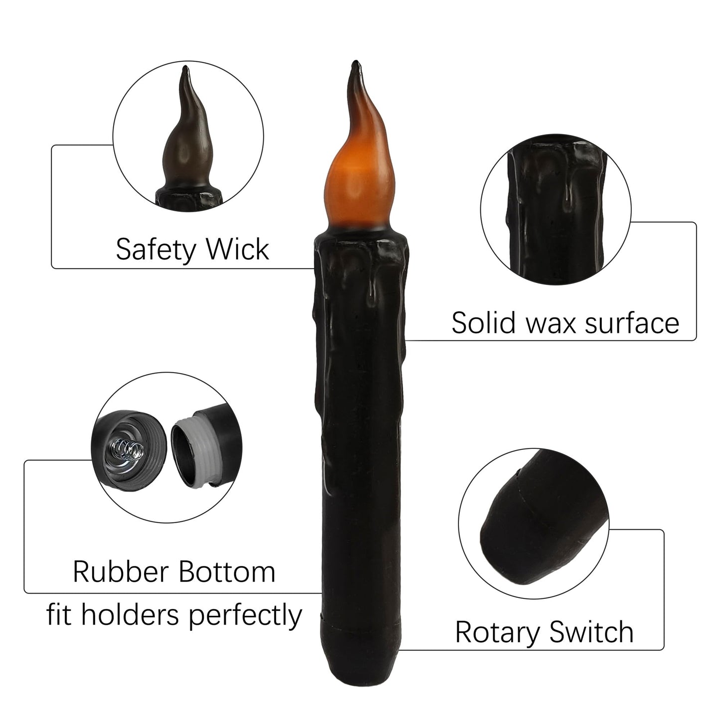Gedengni Black Candlesticks Flameless Taper Candle, 4pcs Real Wax LED Tapered Candles Remote Dipped Candle 6inches Battery Chandelier for Enchanting Weddings Harry Potter Inspired Vigils,B