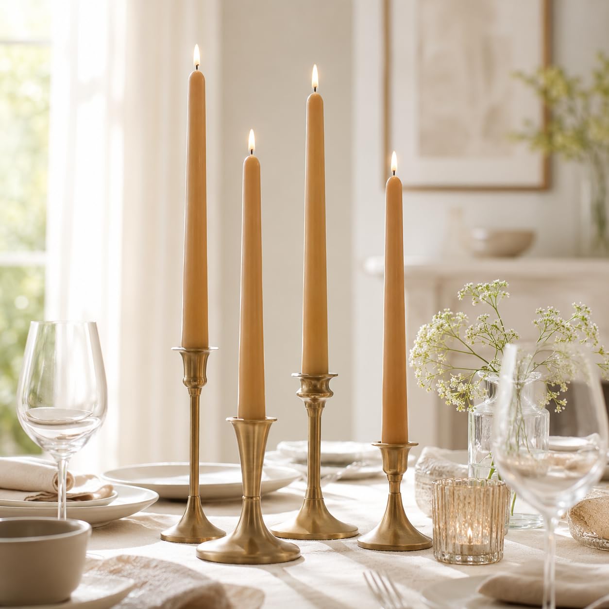 Warm Beige Taper Candles Set of 4, 10 Inch Handmade Candle Stick, Unscented Candlesticks, Tapered Candles for Wedding Dinner Table Home Decor Meditation Gift