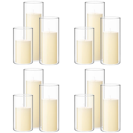 Shihanee Set of 12 Pillar Candles and Glass Cylinder Vases Clear Cylinder CandleHolders for Slim Pillar Candles Wedding Centerpieces(2.6''x 4.7'', 5.9'', 7.9'',Ivory White)