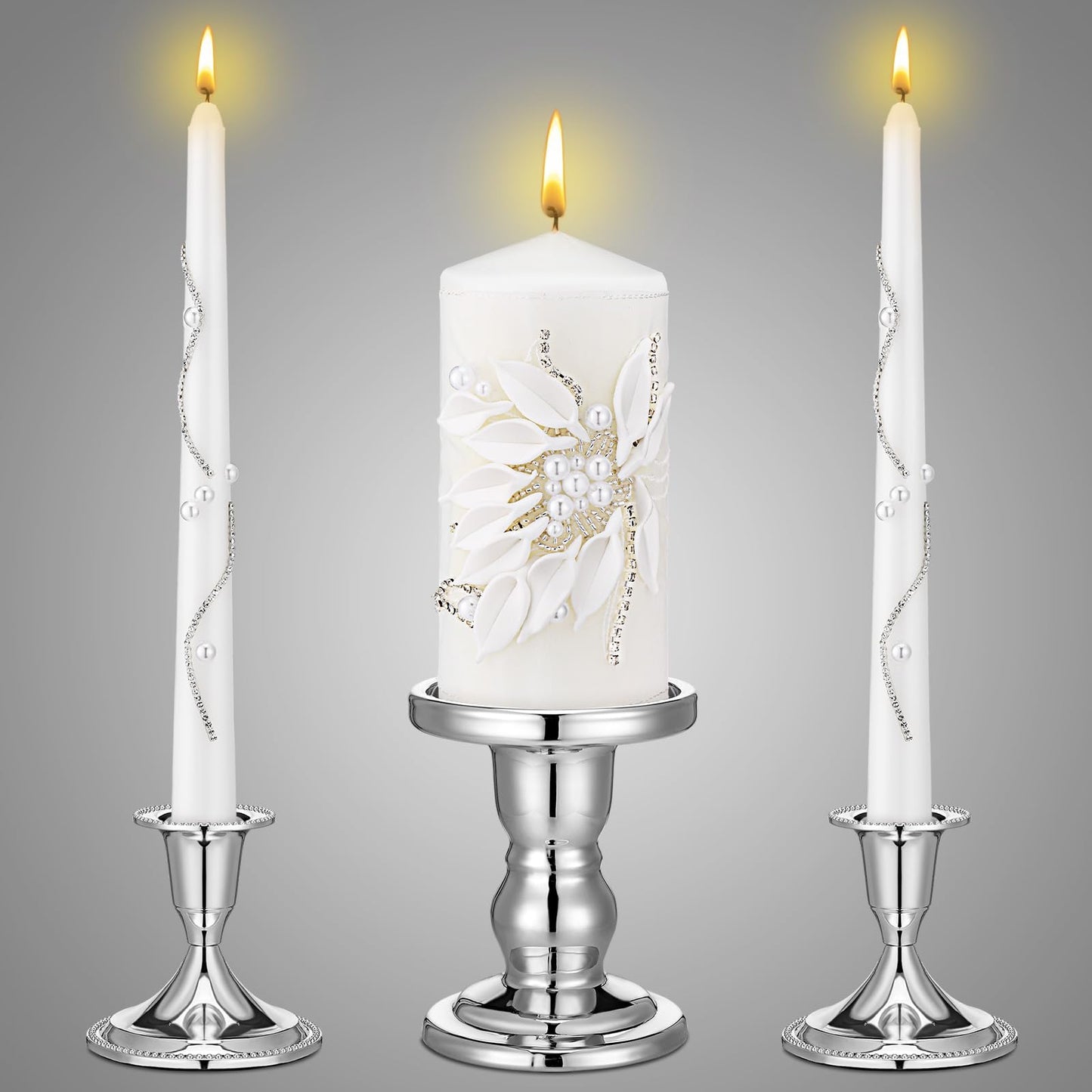 Irenare Unity Candles with Holder for Wedding Ceremony Wedding Decortions Accessories Glass Candle Holder Pillar Candle for Formal Events Church(Silver)