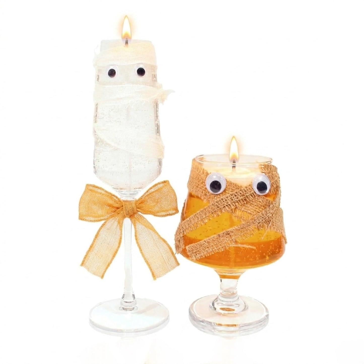 Candle Halloween Mummy Wine Glass Decorations, Summerween Orange and White Party Glasses with Googly Eyes, Spooky Candle Set, 2 Pack