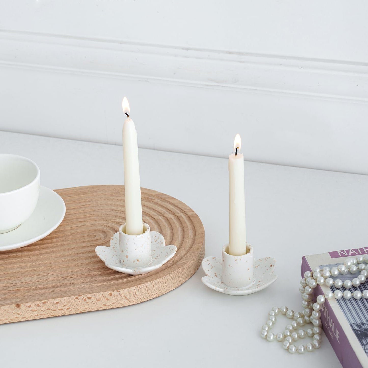 VIRFONOR Ceramic Taper Candle Holders for Table Centerpiece, Decorative Candlestick Holders for Home Wedding Party, Housewarming Gifts, Pack of 2, Flower Shape, White