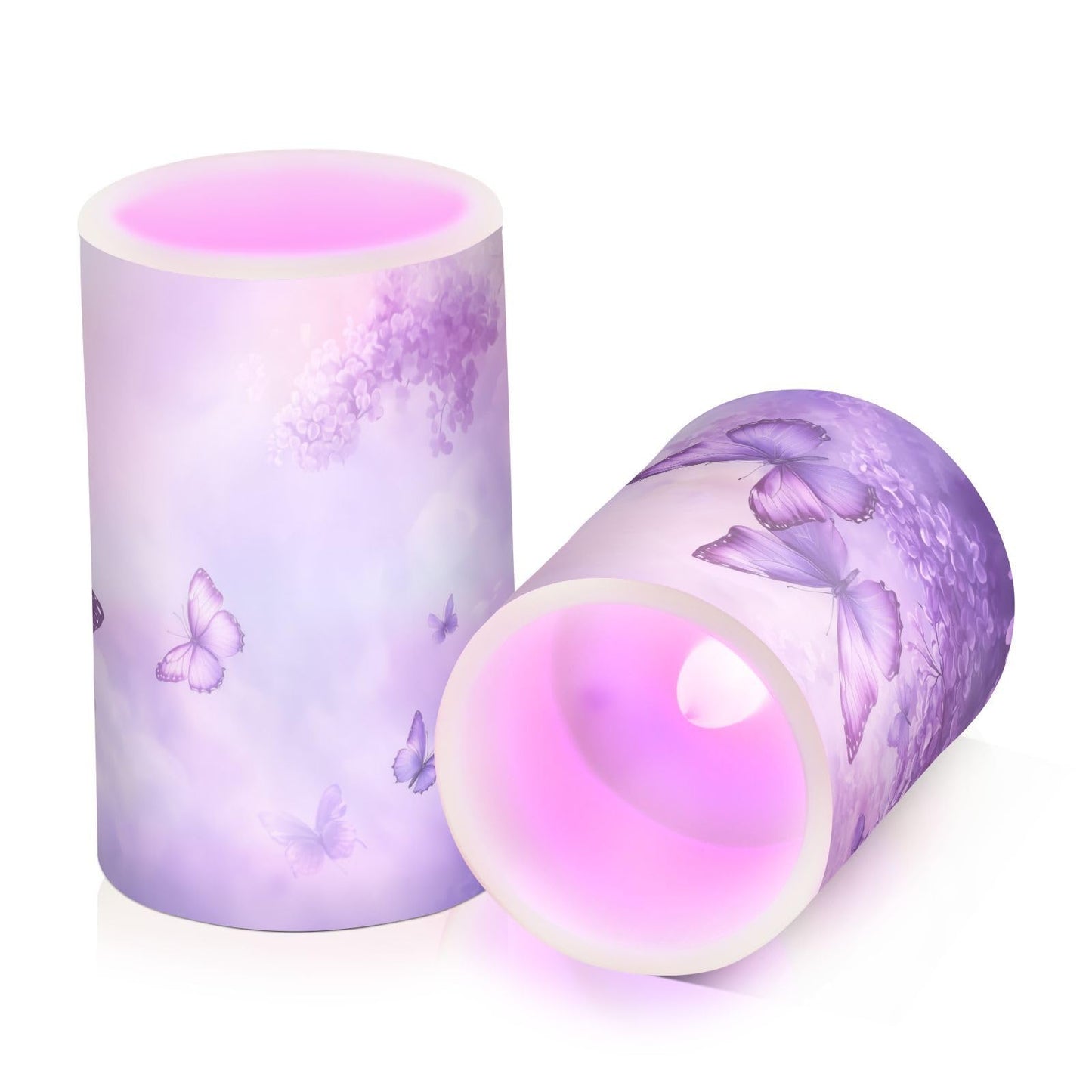 WEVIBOFU Purple Lilac Butterfly Flowers Flickering Flameless Candles LED Battery Operated with Remote Timer Pillar Candles for Home Birthday Wedding Christmas Decor, Set of 2