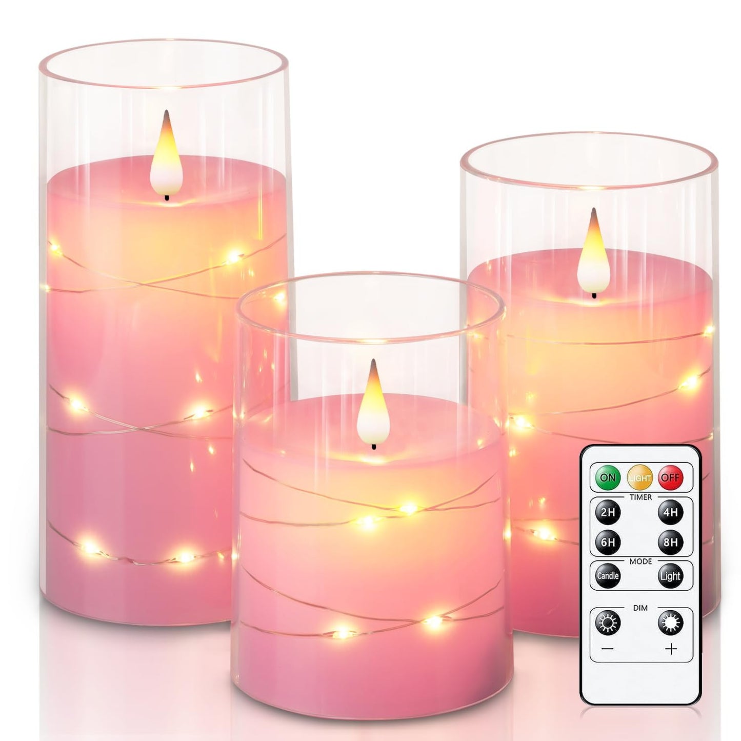 Homemory Flickering Flameless Candles with String Lights, Battery Operated Candles, Embedded String Lights LED Candles, Unbreakable Plexiglass Candle with Remote, Set of 3, Pink