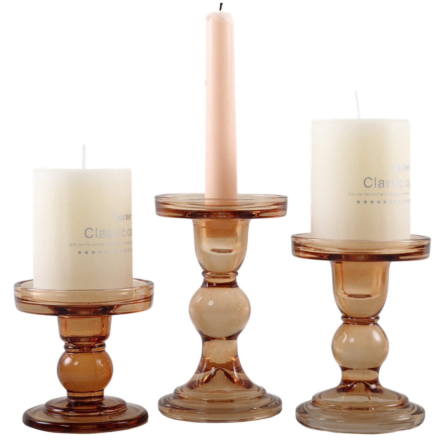 GMWD 3 Pcs Glass Candle Holder Set Clear, Amber Candlesticks Holders Pillar Taper Candles Tealight Stand for Wedding Centerpieces Home Decorations Dining Table