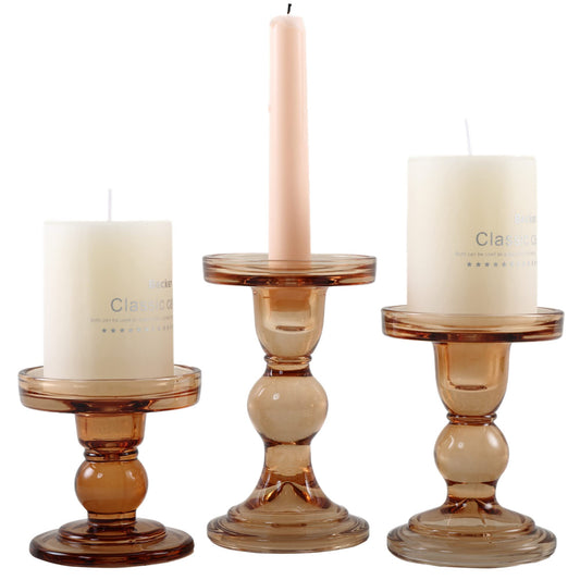 GMWD 3 Pcs Glass Candle Holder Set Clear, Amber Candlesticks Holders Pillar Taper Candles Tealight Stand for Wedding Centerpieces Home Decorations Dining Table