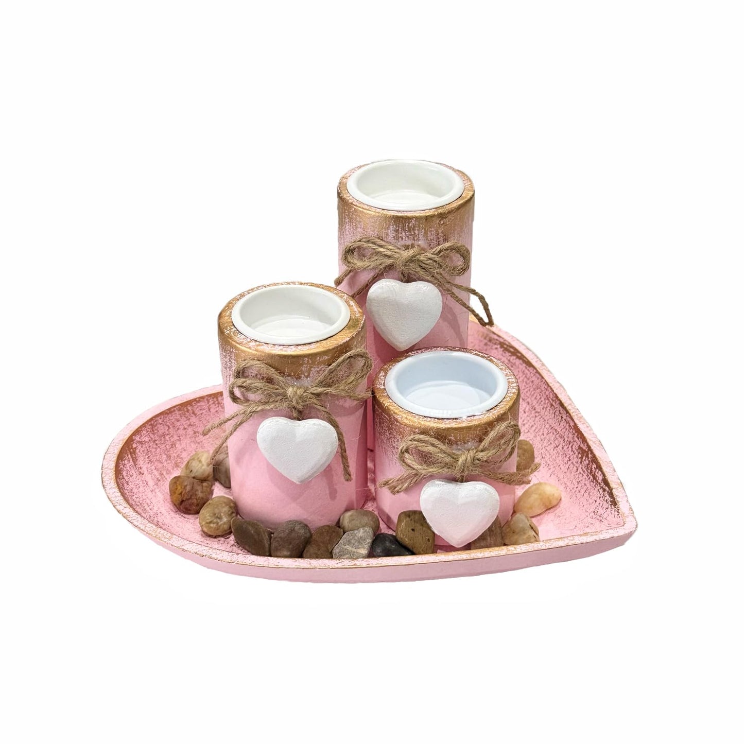 Rustic Farmhouse Candle Holders Set of 3, Pink Heart Shaped Wooden Tray with Tealight & Pillar Candles, Rustic Wood Centerpiece for Coffee Table, Valentine's Day, Wedding, Anniversary Home Decor
